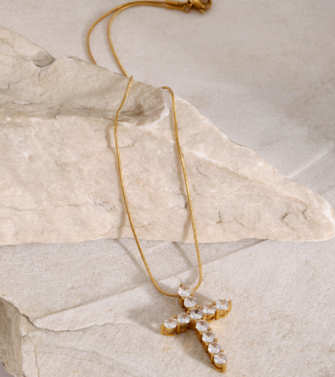 Round White Cubic Zirconia Cross Pendant Necklace